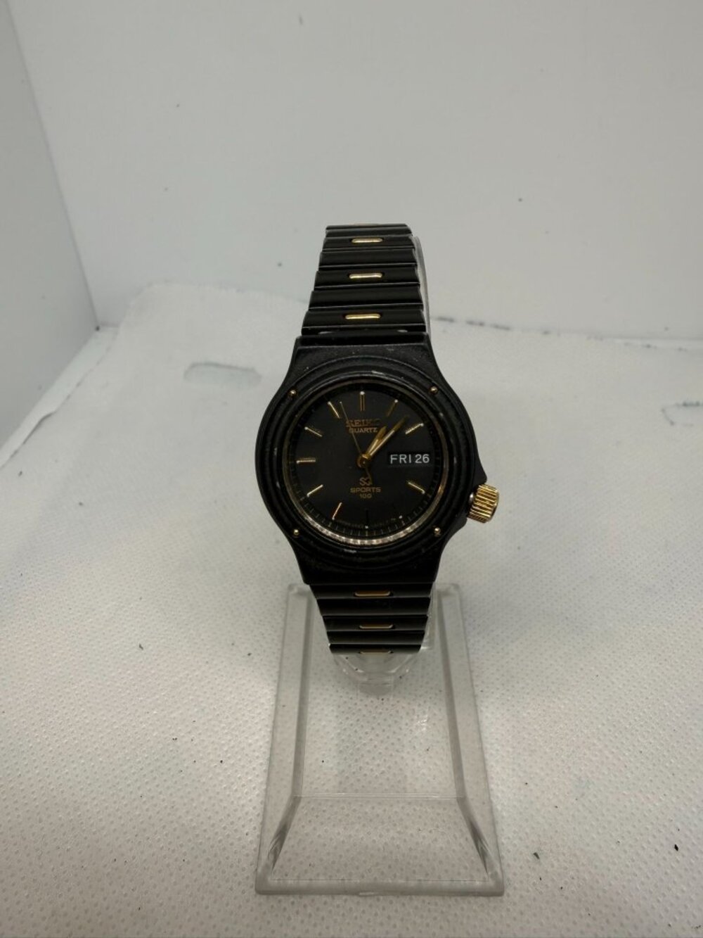 Vintage Seiko SQ Sports 100 2A23-0069 Black & Gold Quartz Dress Watch